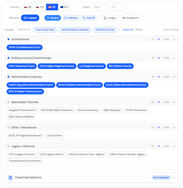 Platform screenshot – court filters